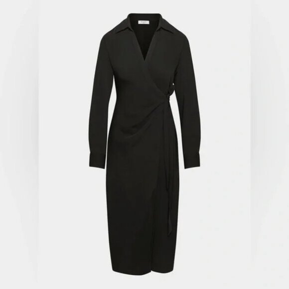 Aritzia Babaton Petra Wrap Tie Midi Dress Matte Satin Black Size Medium - Picture 3 of 10